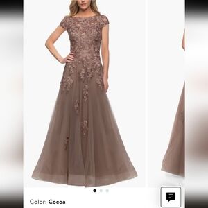 NWT La Femme Short Sleeve Tulle Ball Gown Size 12 Cocoa Lace Rhinestones